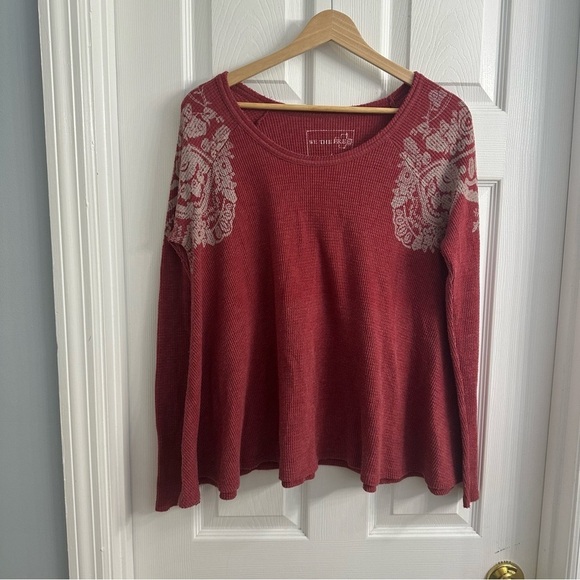 Free People Sweater Top Flowy Thermal Babydoll Western Boho Red Fall Size Small - Picture 3 of 7